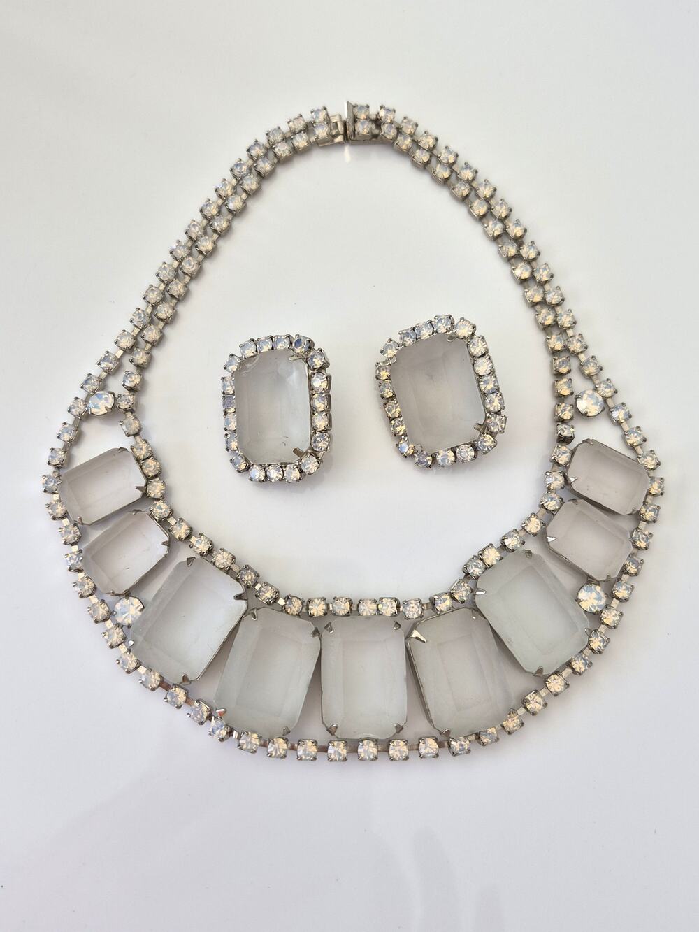 Vintage Frosted Rhinestone and Faux Opal Choker Necklace and Earring Set